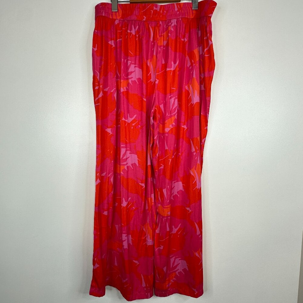 Maison d'Amelie Satin Silky Pull On High Rise Flowy Wide Leg Pant Hot Pink 1X